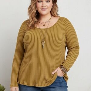 Ribbed Slim Fit Top XL Olive Green Cotton Stretch Layering Grunge Boho Knox Rose